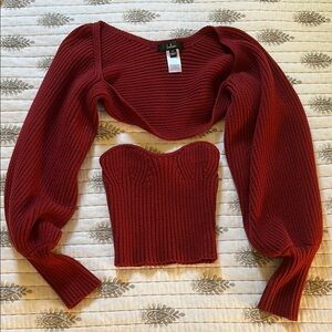 Lulu's Twice the Love Wine Red Ribbed Knit Tube Top and Shrug Set